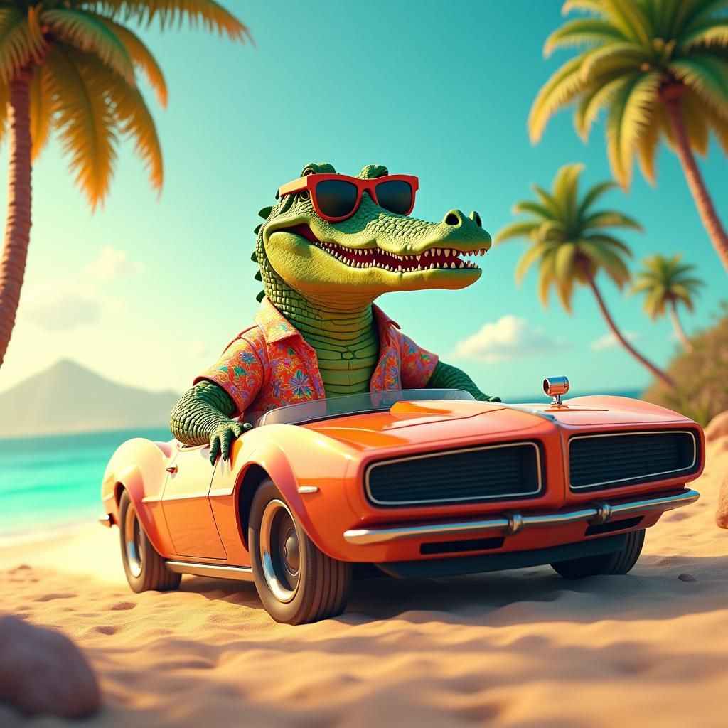 Party Crocodile Drives on Beach in Detailed Matte Painting