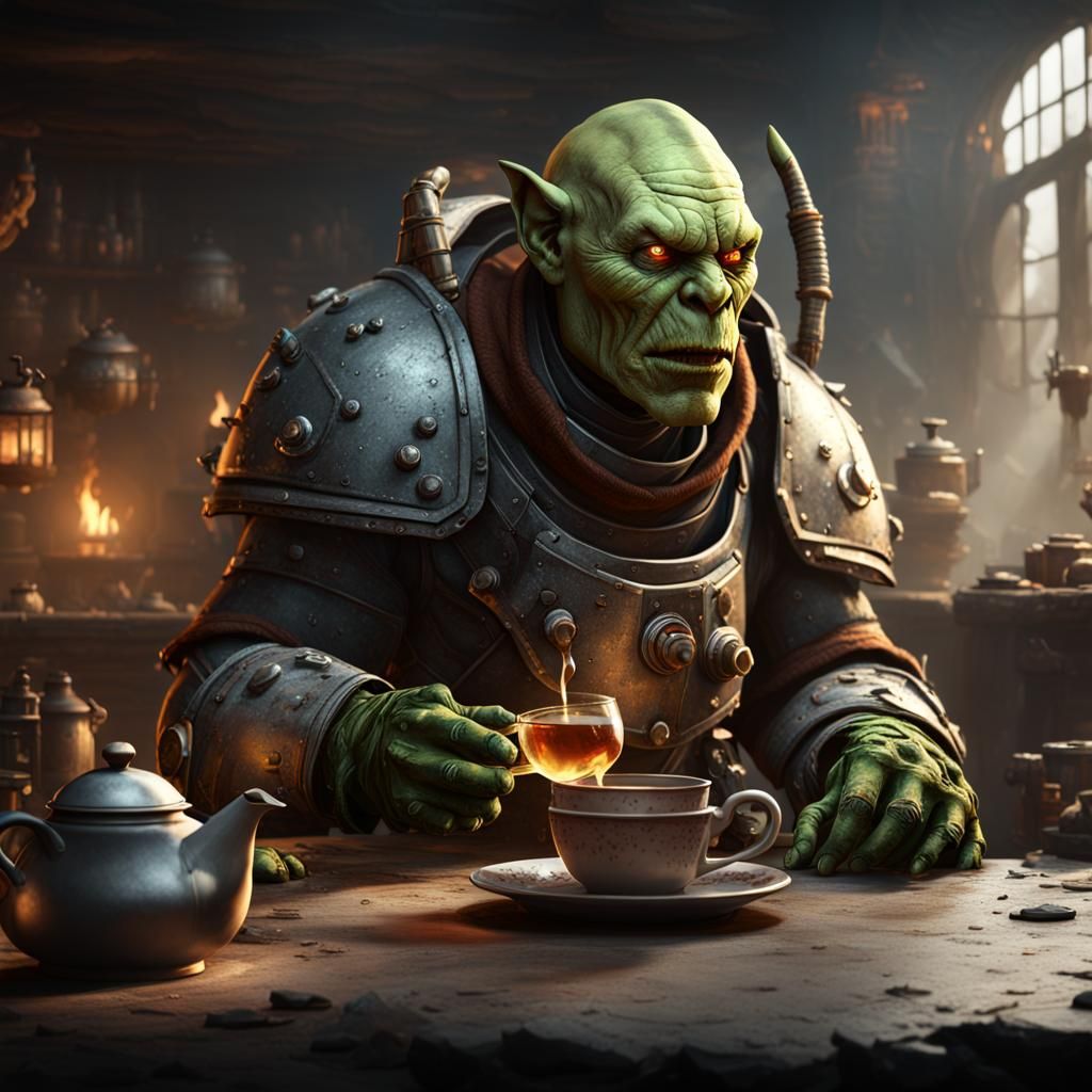 Female Orc in Power Armor Serves Tea