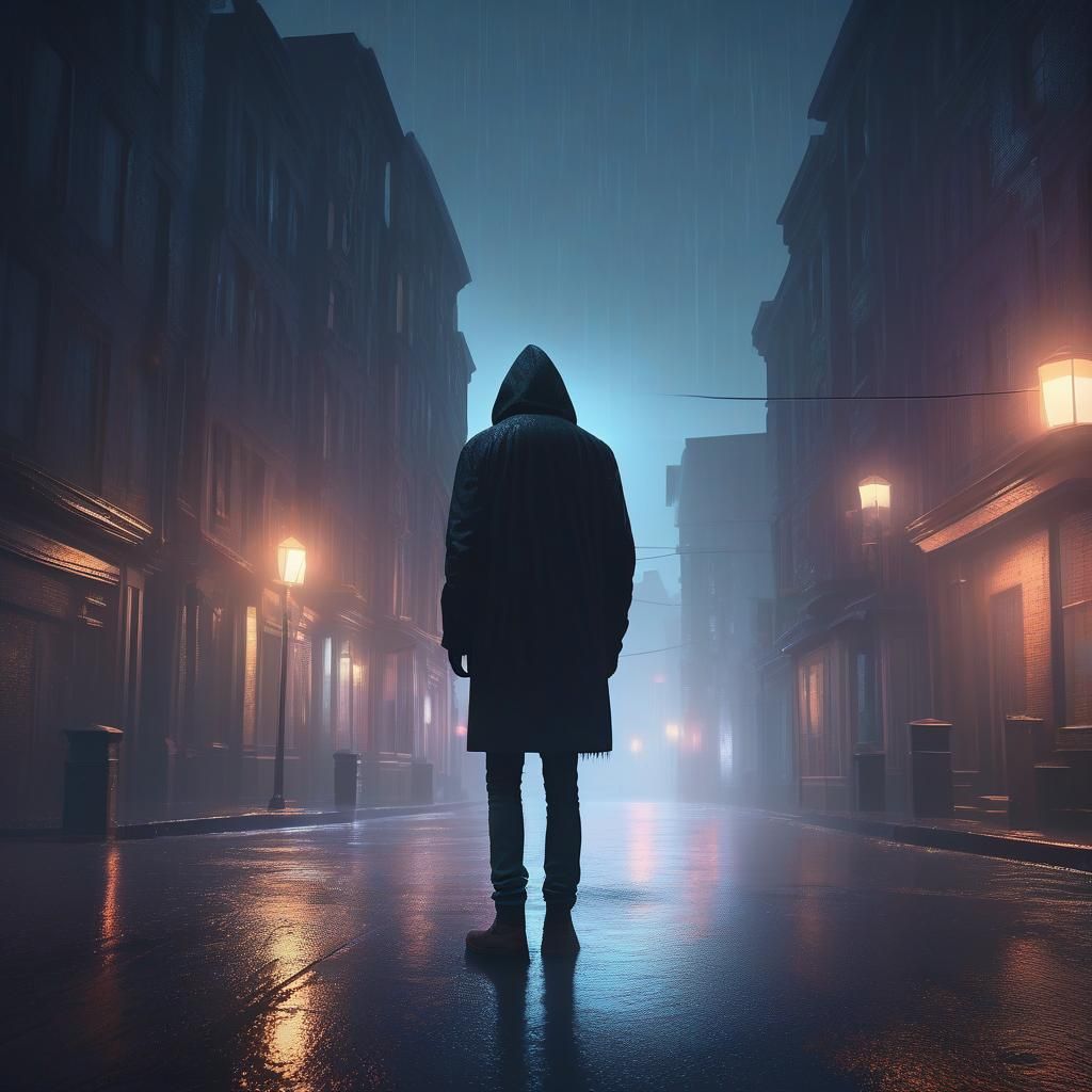Eerie Gothic Figure in Rainy, Foggy Street