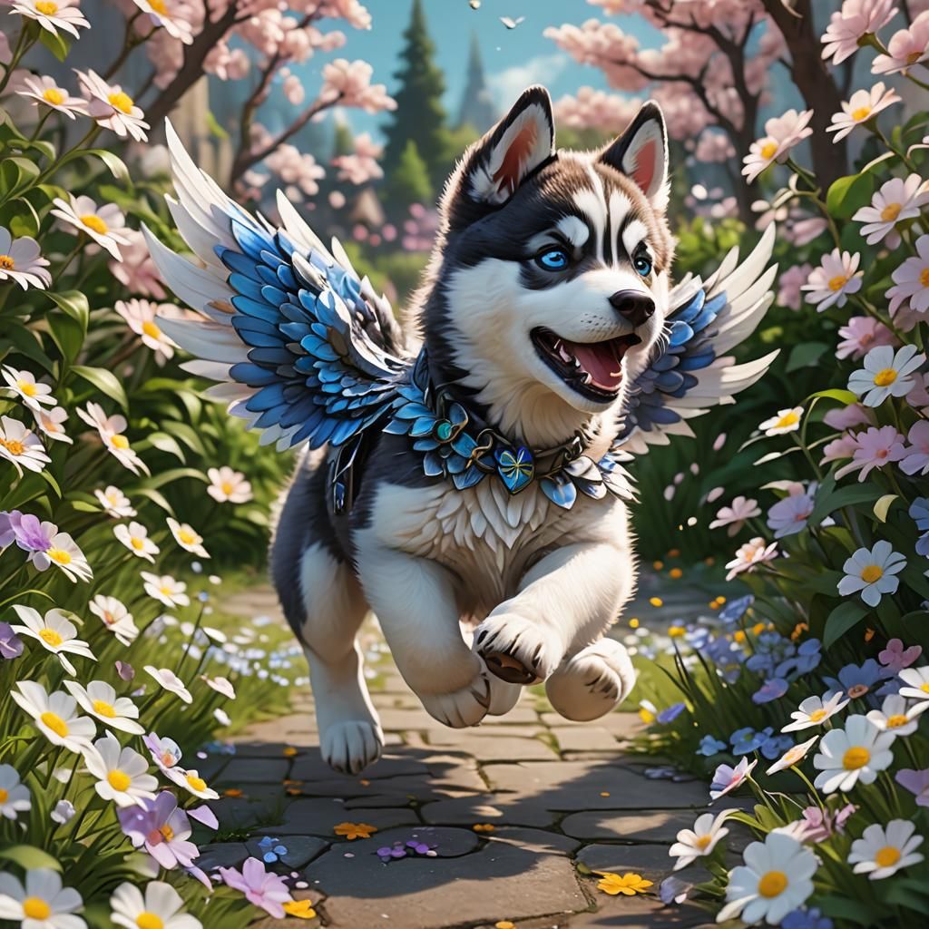 Husky Puppy with Dragon Wings in Anime Style
