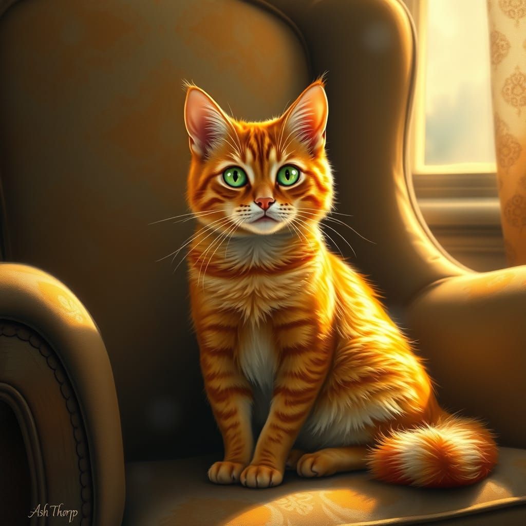 Regal Ginger Cat in Warm Velvet Armchair