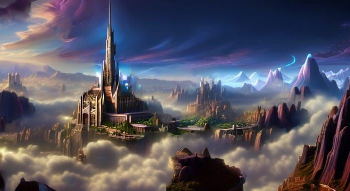 Ethereal City Floating in Shimmering Clouds