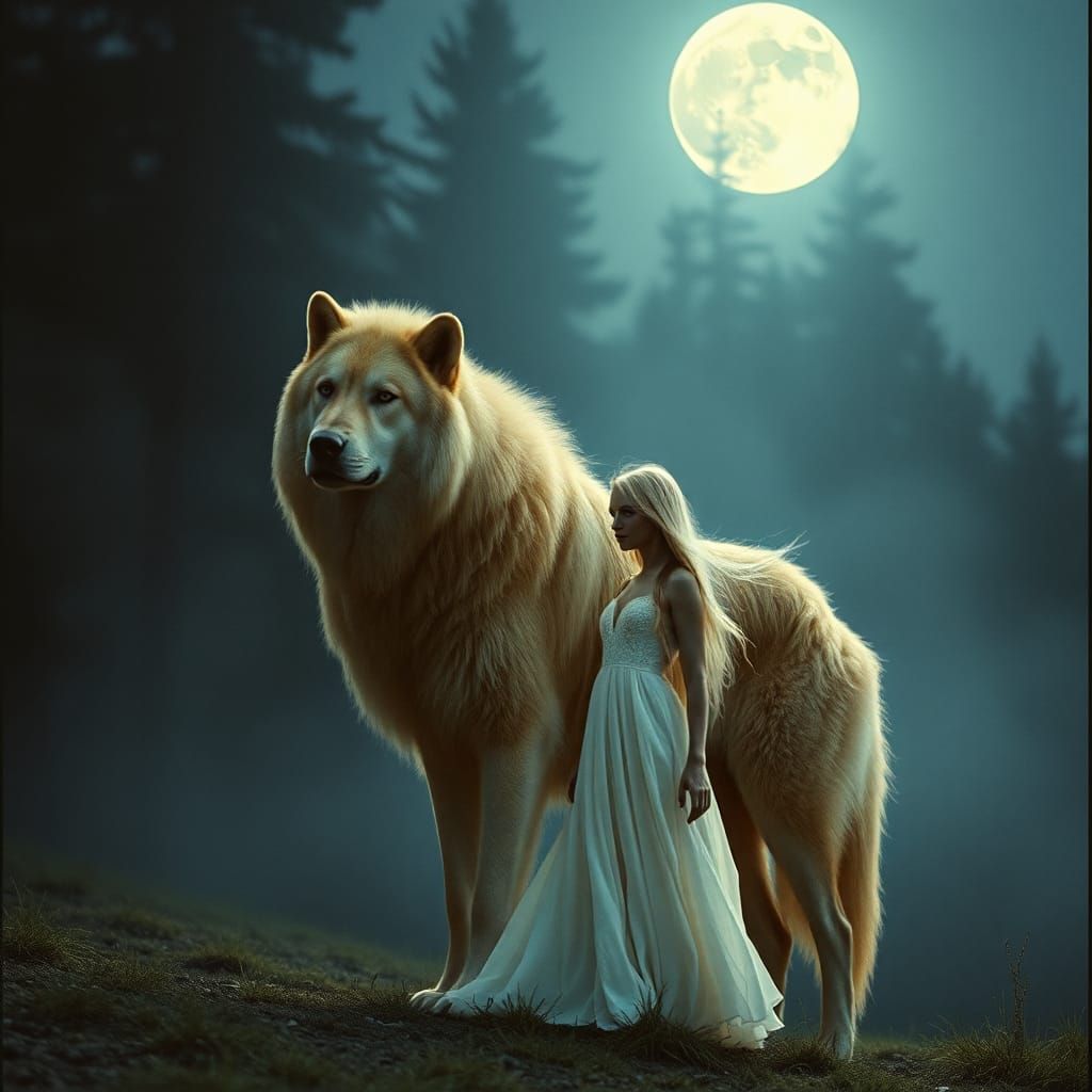Mystical Girl and Golden Wolf by Moonlight