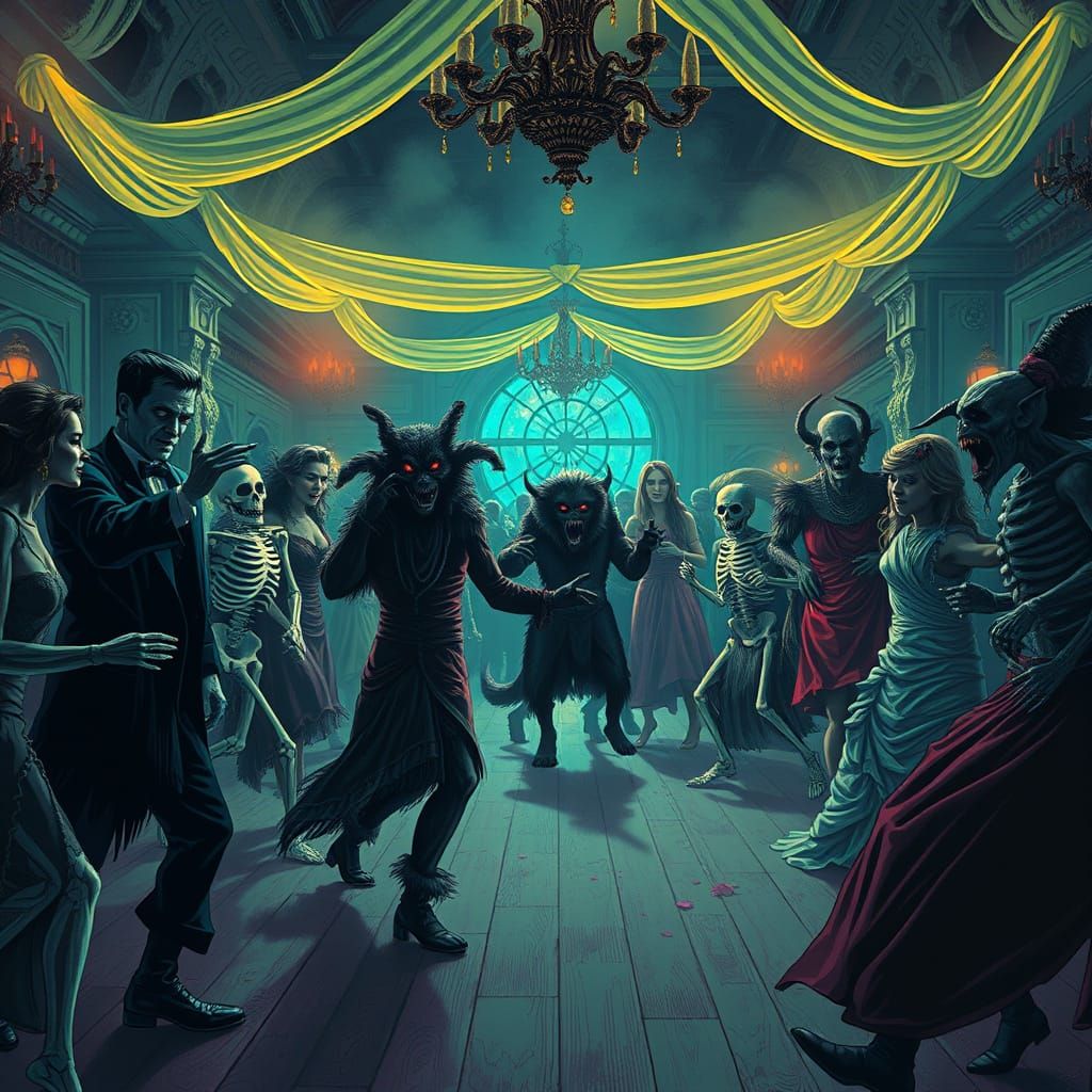 Victorian Horror Monsters Dancing at a Macabre Ball