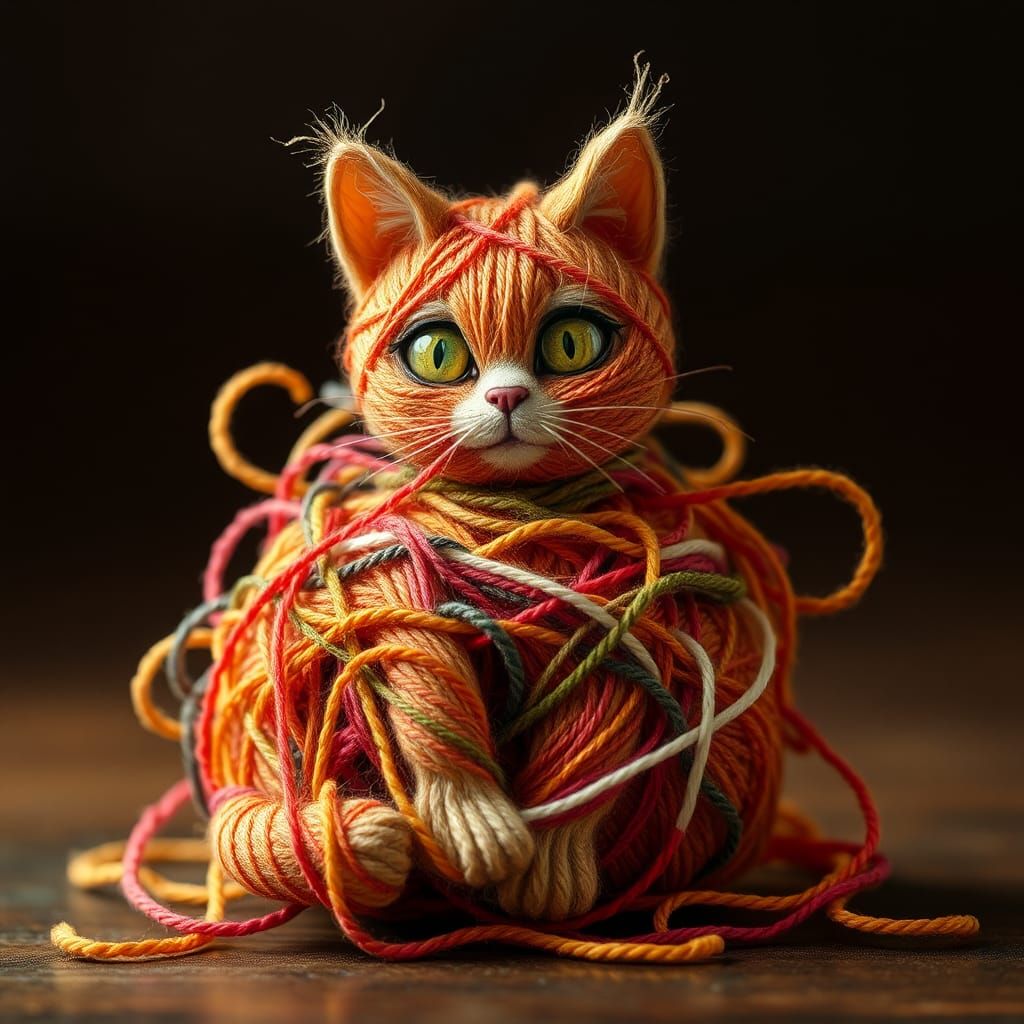 Yarn Cat Illustration in Whimsical Style