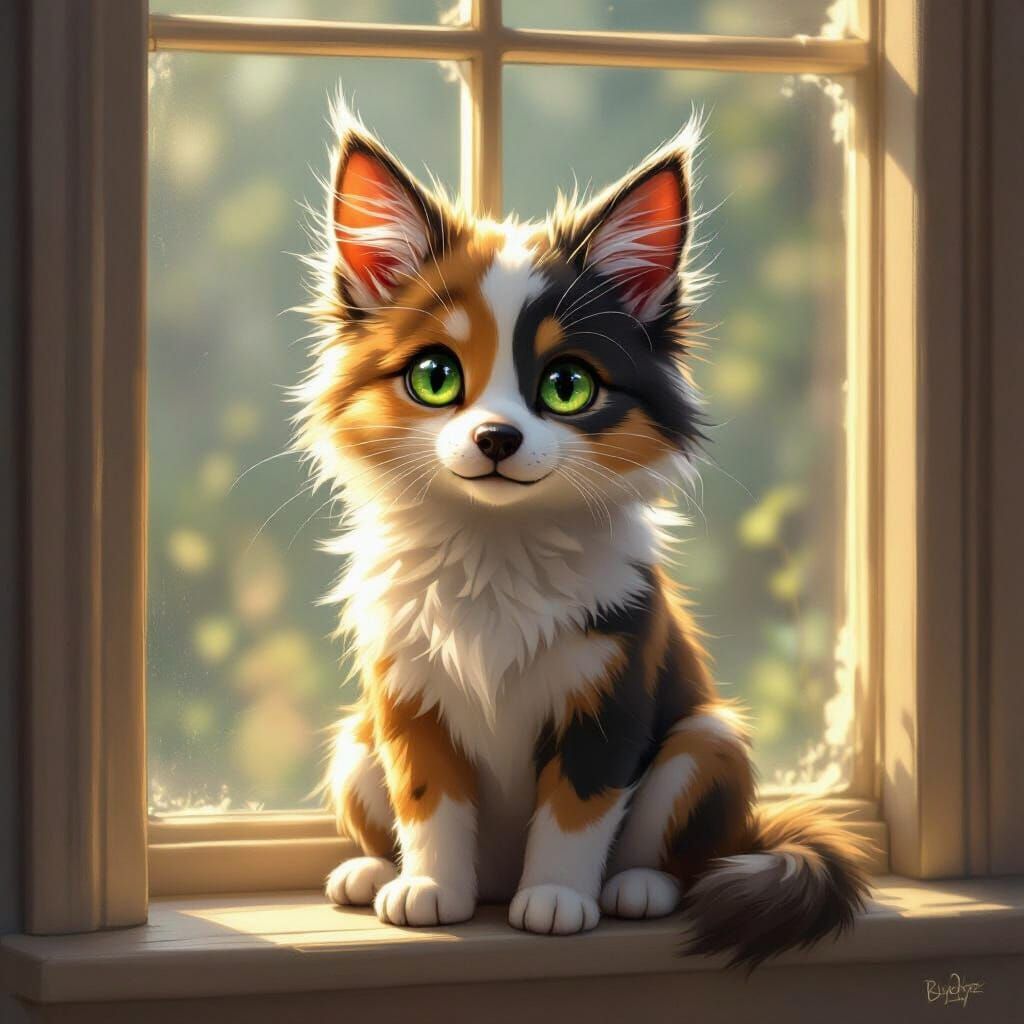 Whimsical Cat-Dog Hybrid on Windowsill, Detailed Digital Art