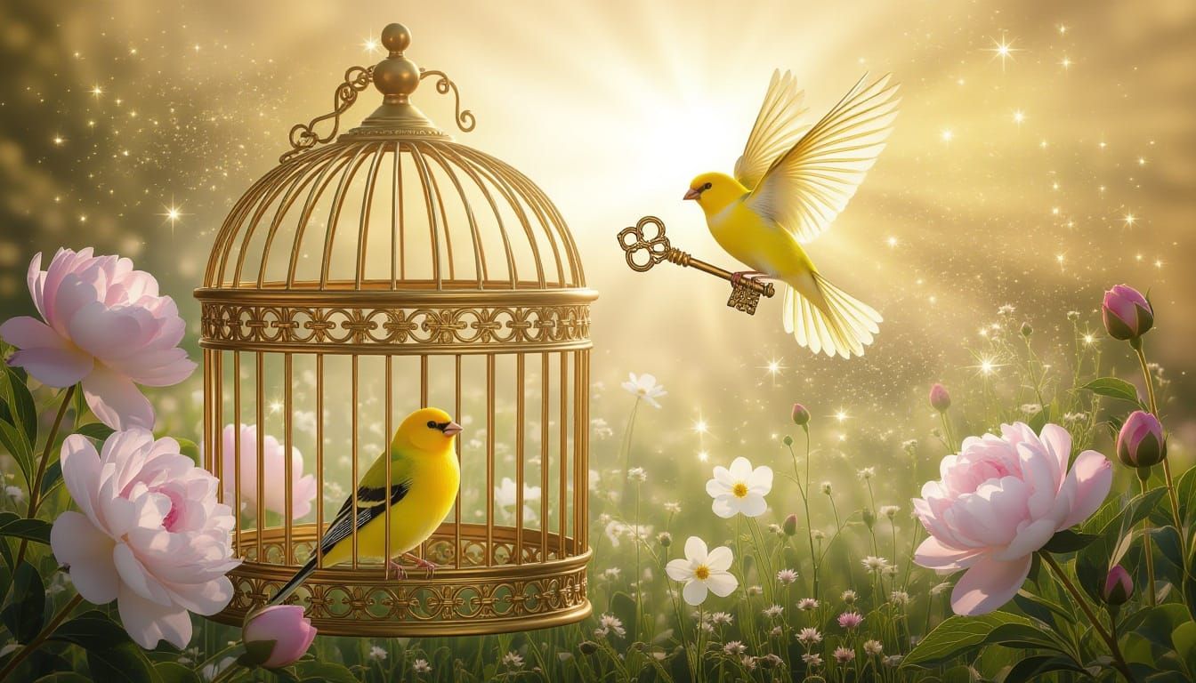 Golden Birdcage Sunrise With Escaping Canary and Key