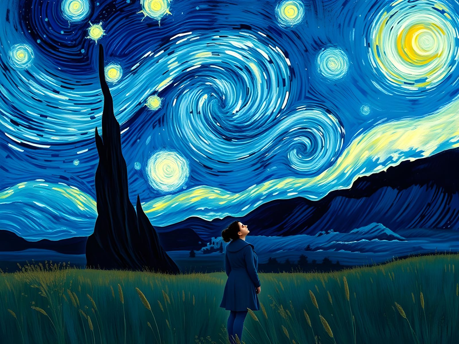 Cyberpunk Starry Night in a Vibrant Blue and Gray Hues