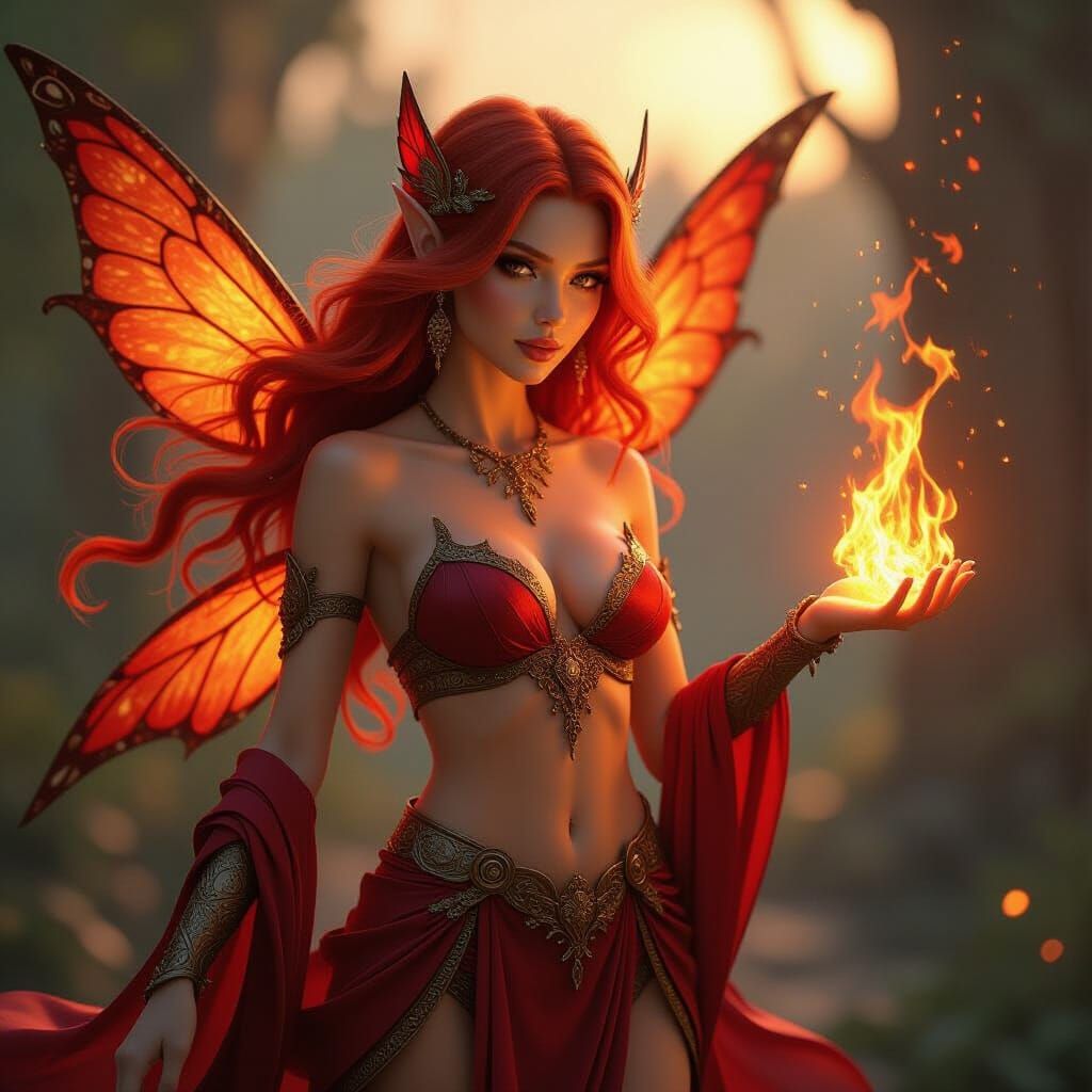 Fiery Fairy Controlling Flames in Detailed Fantasy Art