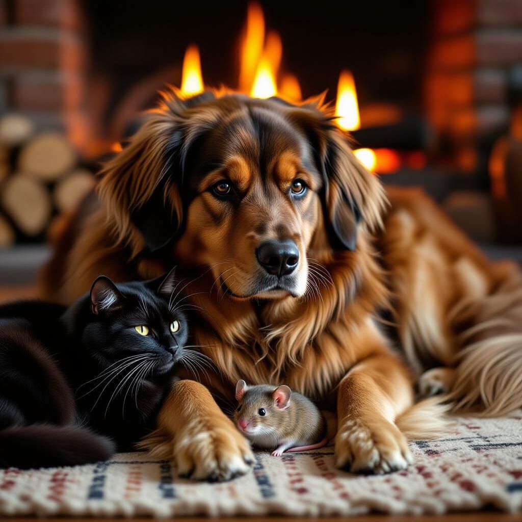 Dog, Cat, and Mouse Cuddle by Fire