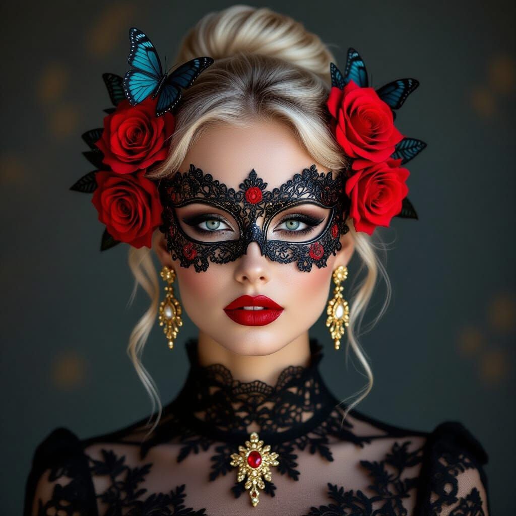 Woman with Mask in Art Nouveau Style