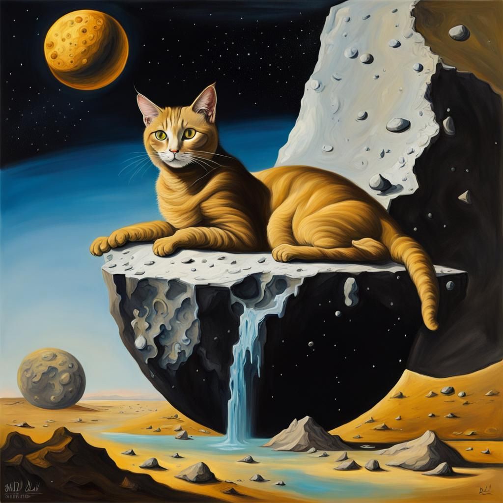 Surreal Cat on Asteroid as Oil Painting