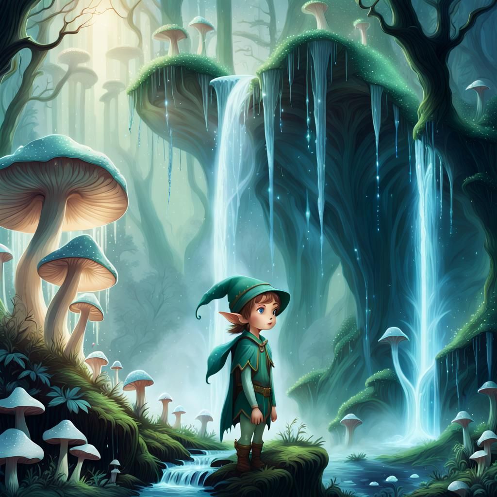 Enchanted Elf Under Forest Waterfall in Watercolor Style