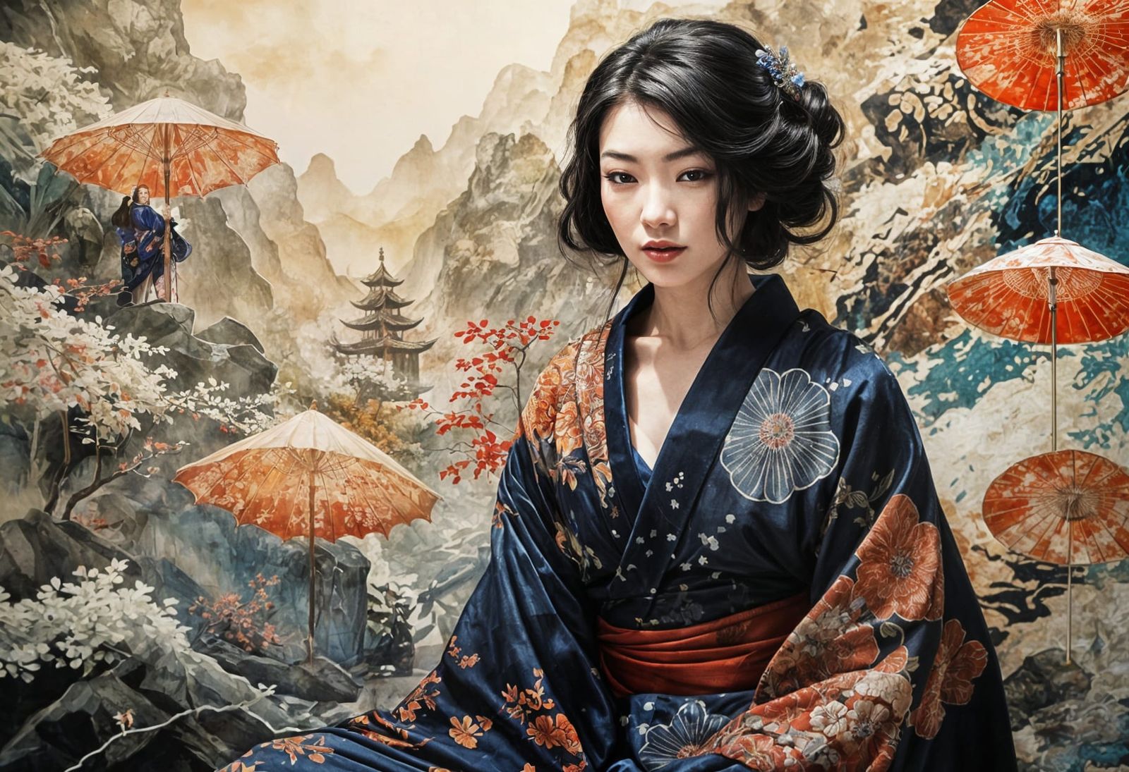 Geisha in Batik Silk and Crystal Outcroppings