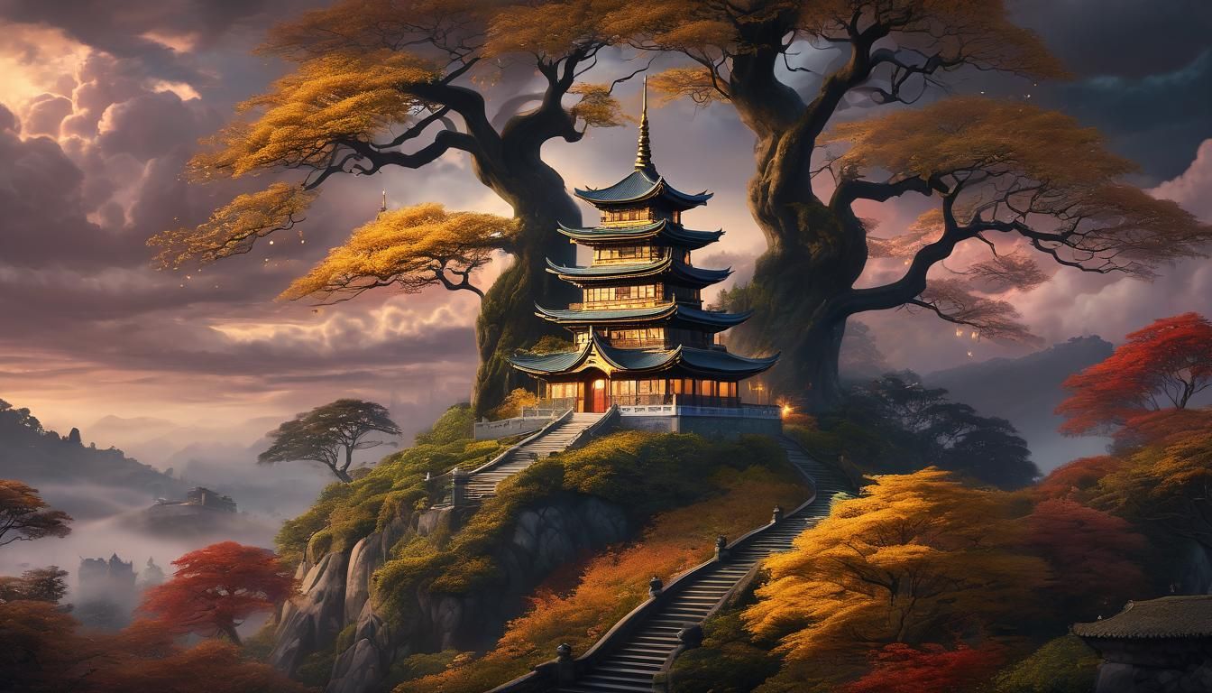 A surreal digital painting of a mystical landscape with a pagoda on the top of a rock