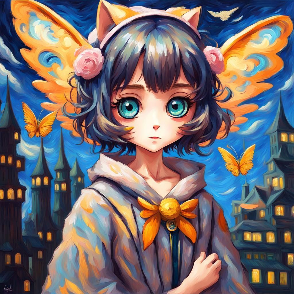 Anime Catgirl Fairy in Neo-Impressionist Style