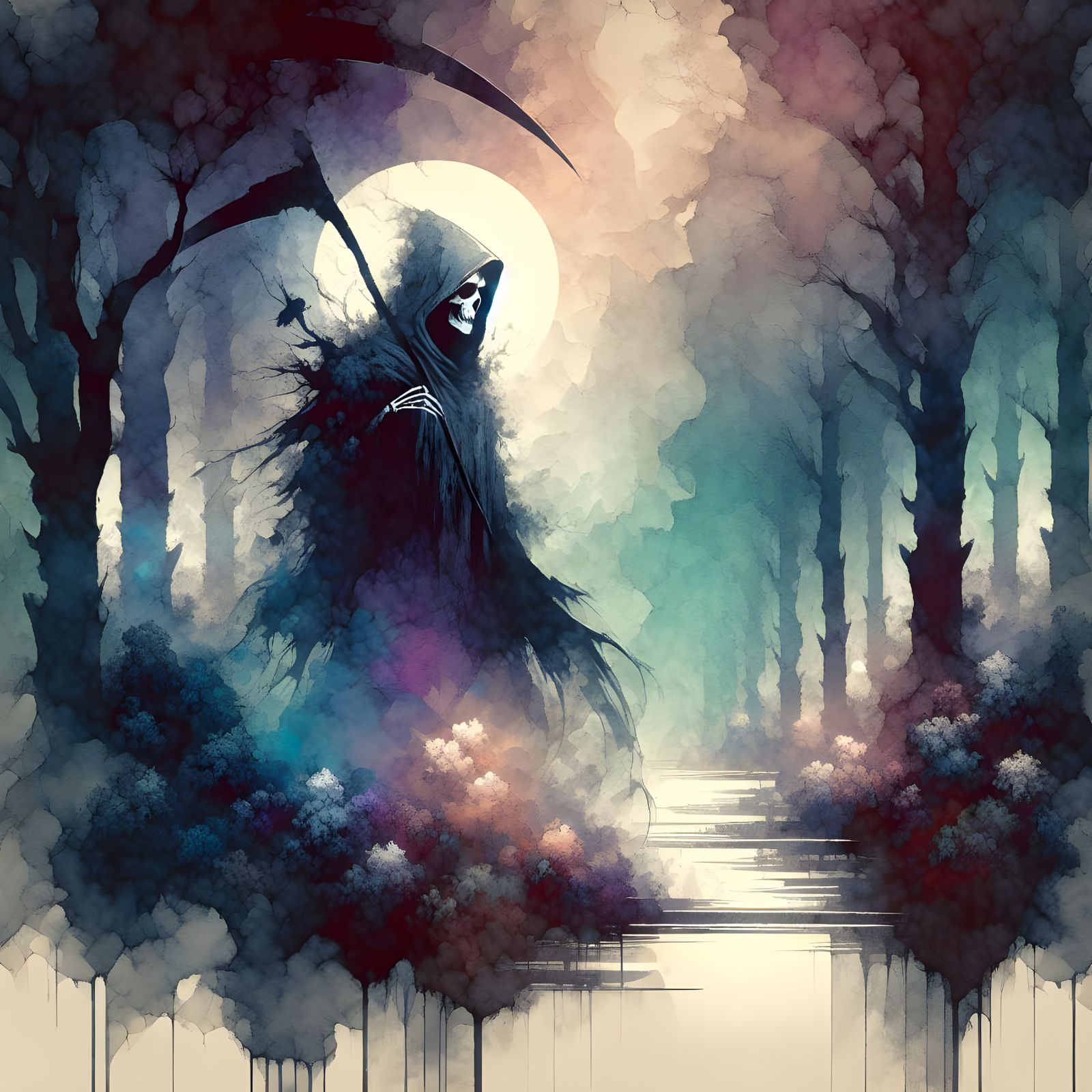 Grim Reaper in Forest, Watercolor Style