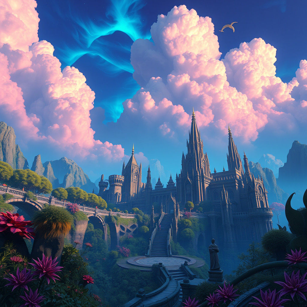 Enchanted Fantasy Landscape with Electric Blue Sky