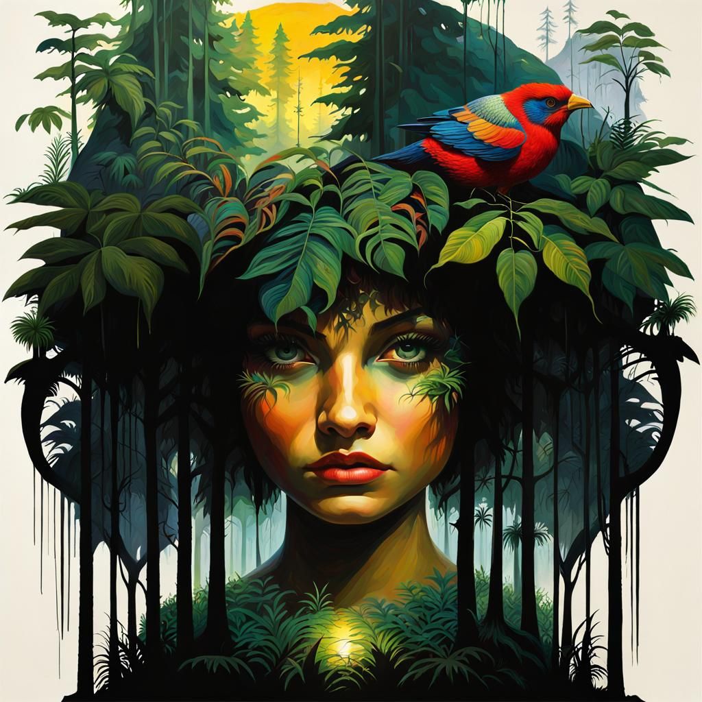 Detailed Maximalist Painting of a Monster Rainforest