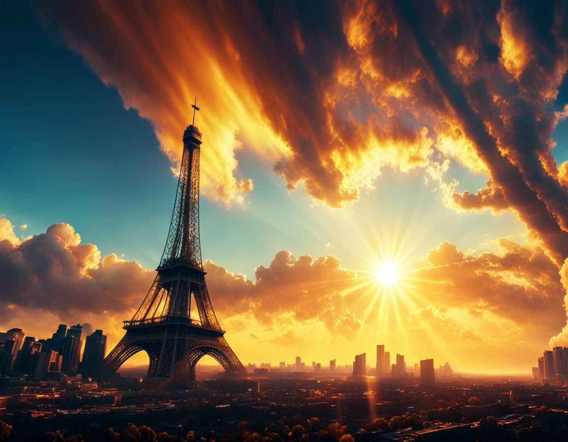 Radiant Sun Bursting Through Clouds in Digital Painting