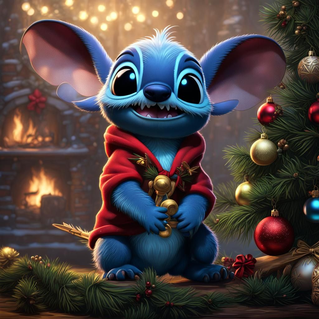Stitch with Santa Hat and Dragonfly by Christmas Tree