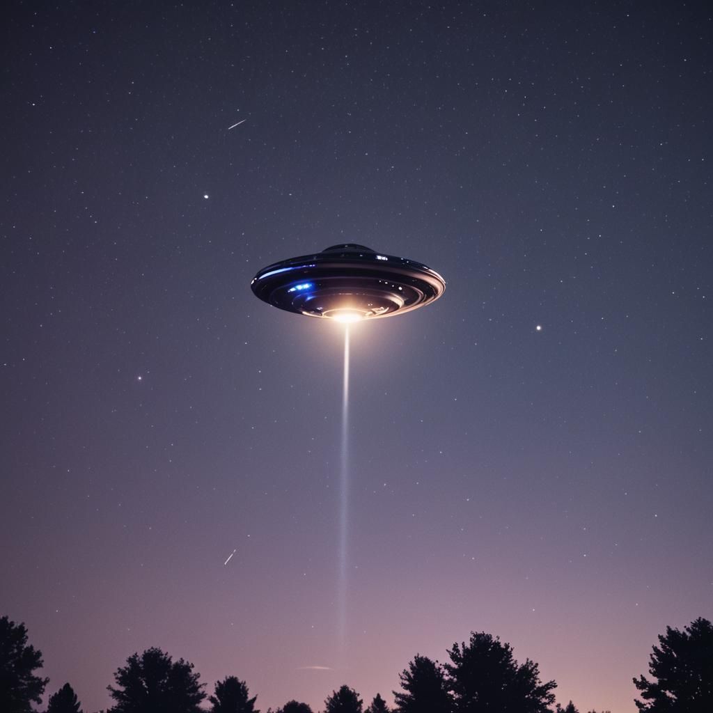 Metallic UFO Flies Through Starry Night Sky
