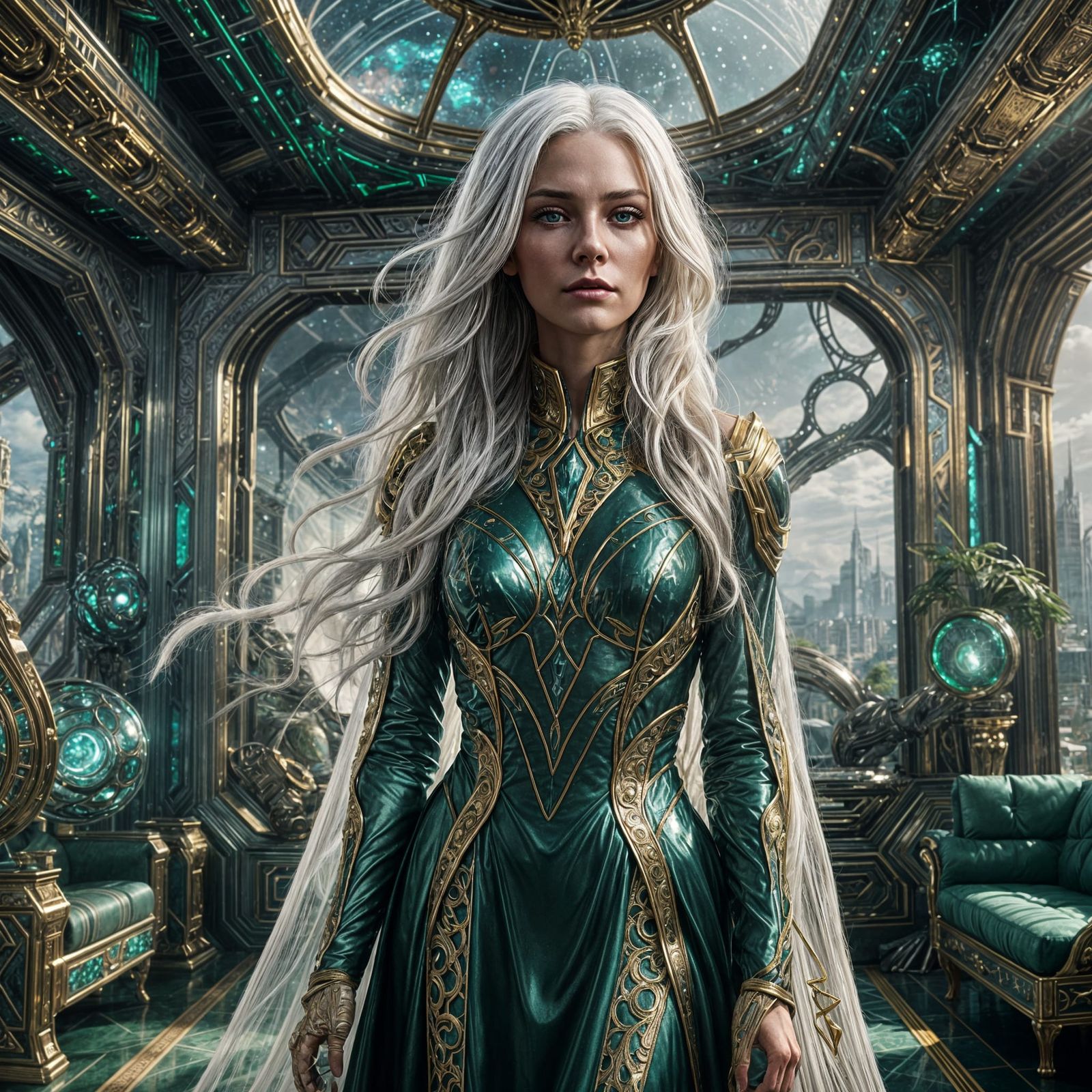 Beautiful Alien Woman in Emerald Gown