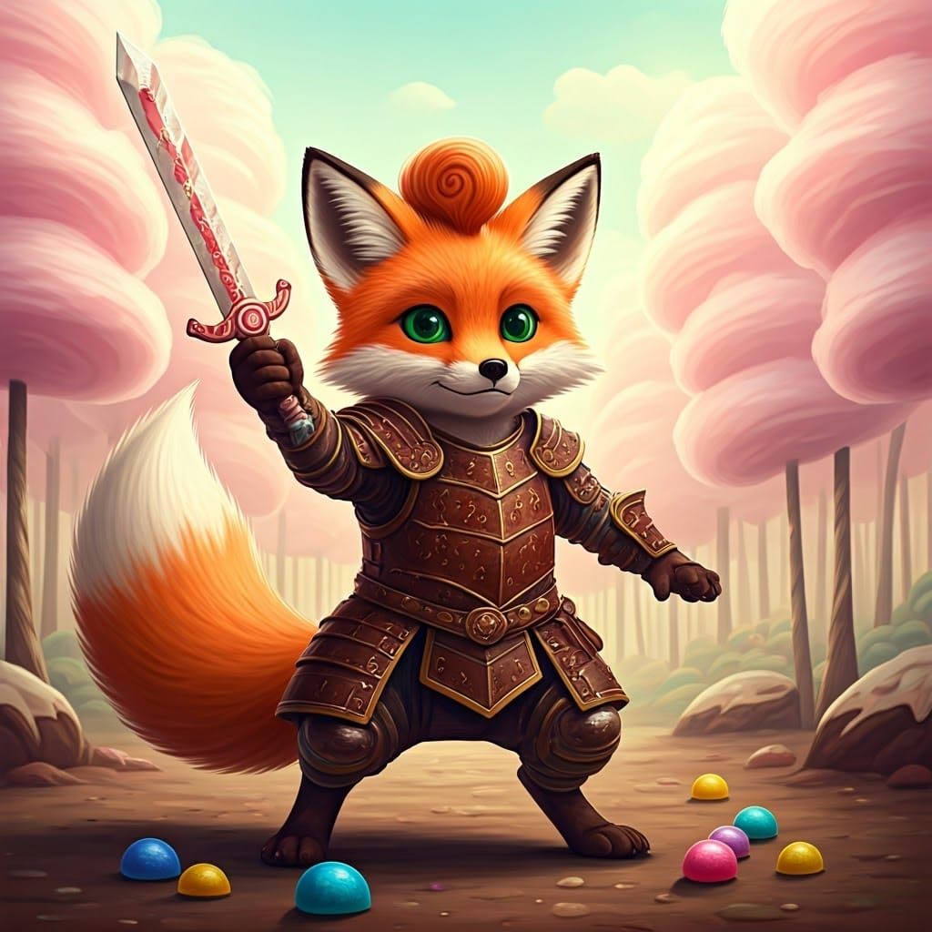 Fox Knight in Candy Land, Ghibli-esque Illustration