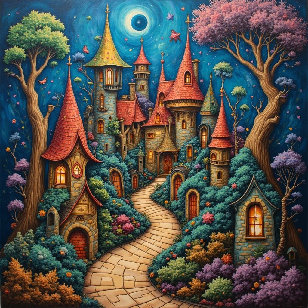 Surreal Cubist Bonsai Village with Stargate