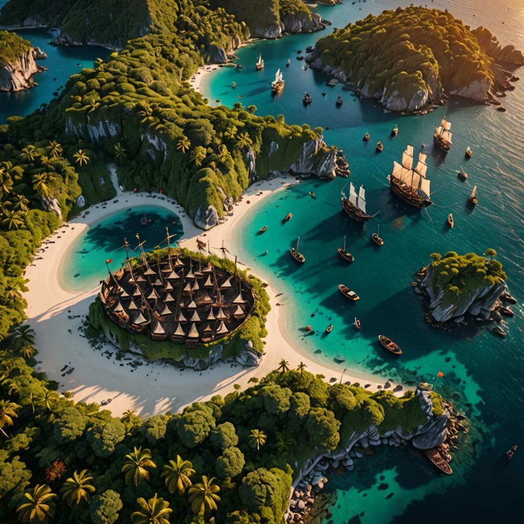 Drone view of a fantasy tesoure island full of pirate boats....