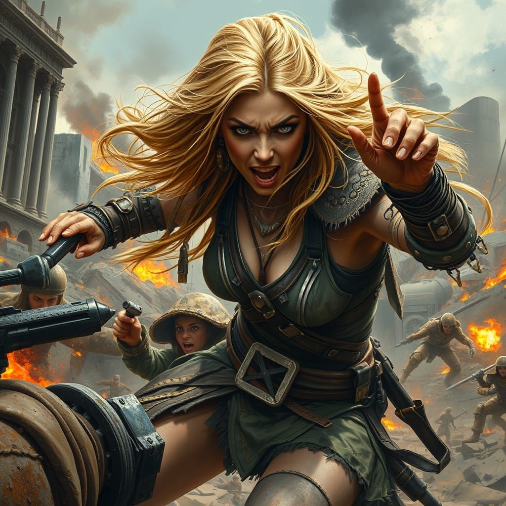 Furious Golden-Haired Warrior Attacks on Dystopian Battlefie...