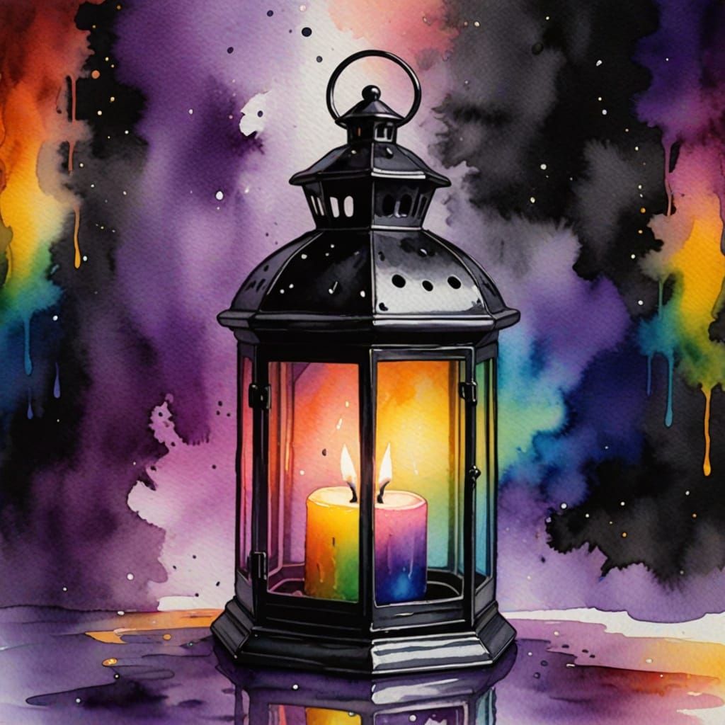 Mystical Lantern with Rainbow Candle in Watercolor
