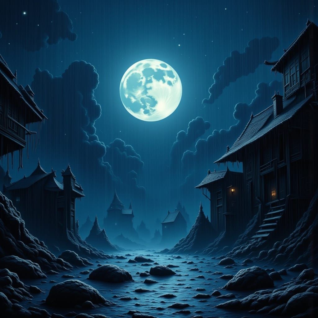 Rainy Full Moon Night in Abstract Portrait Style
