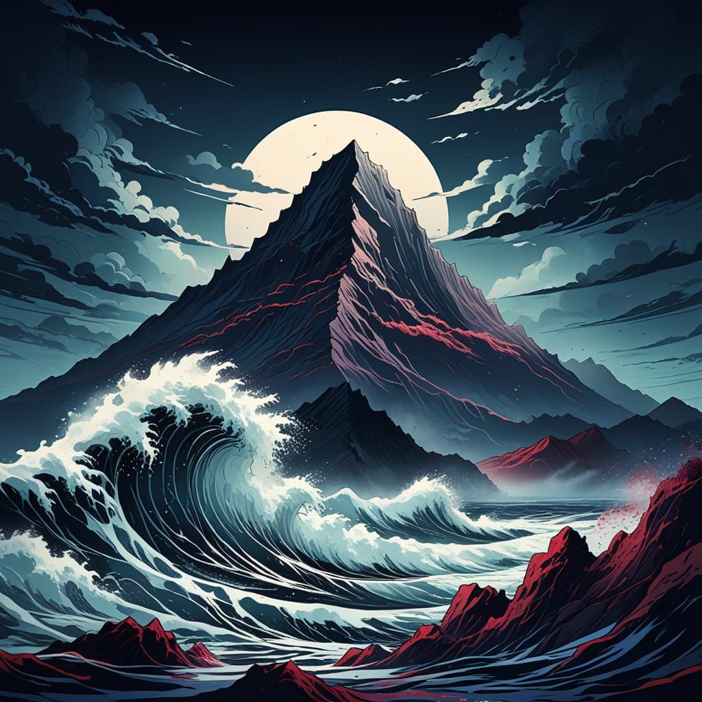 Stoic Mountain Faces Stormy Sea in Manga Style