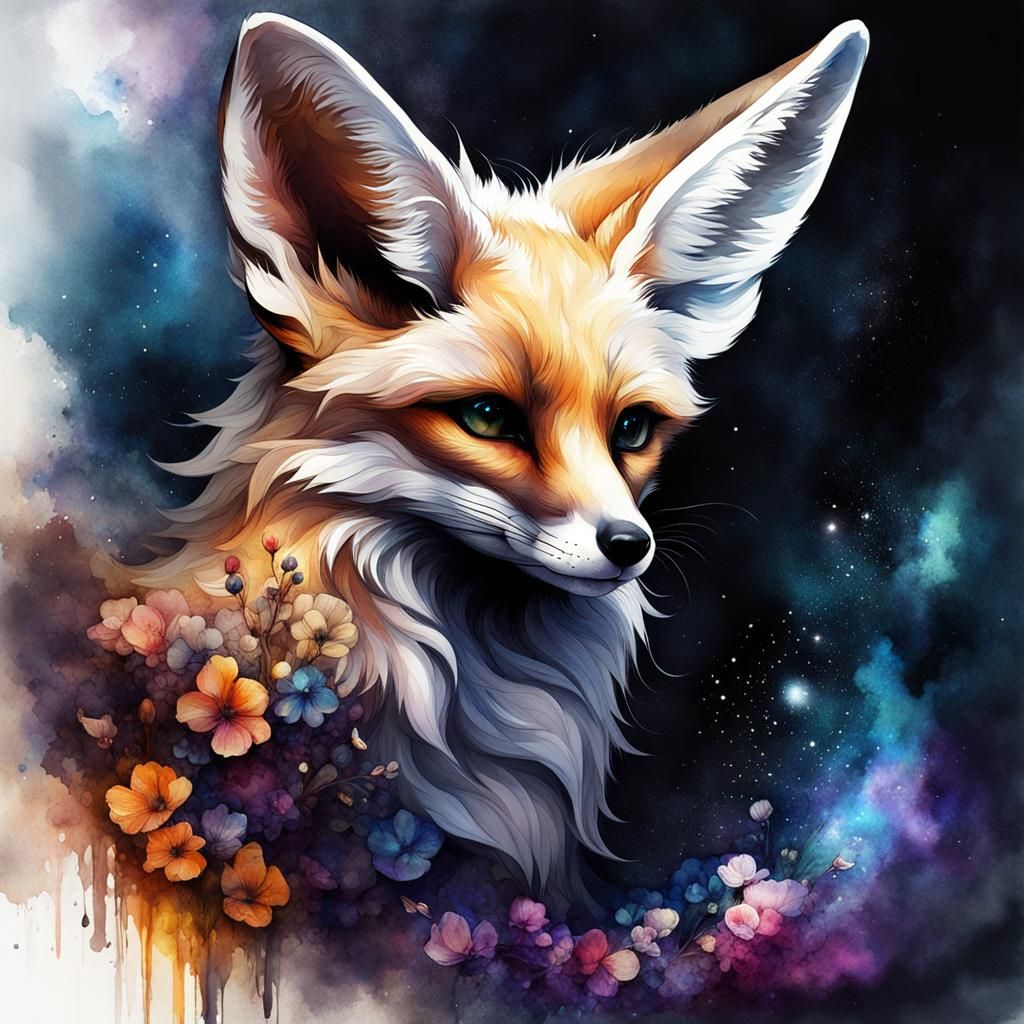 Dark Fennec Fox in Watercolor Fantasyscape