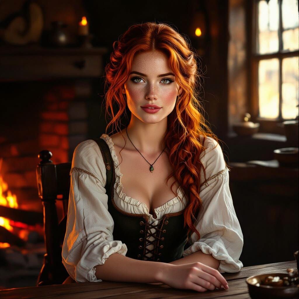Redhead Woman in Tavern by Firelight