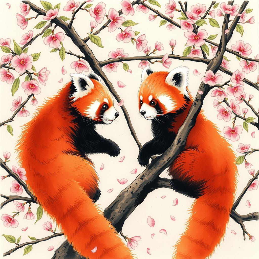 Red Pandas in Cherry Blossom Tree: Japanese Art