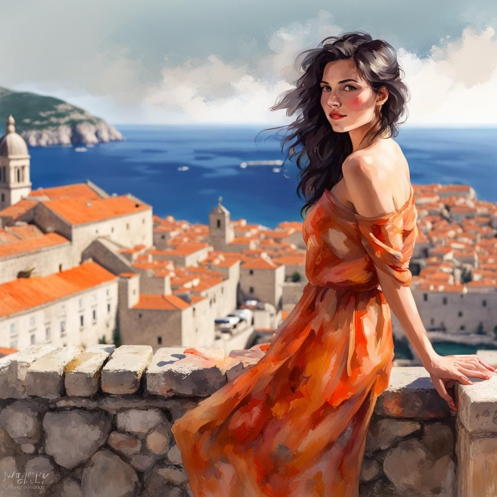 Woman on Dubrovnik Walls in Watercolor Style