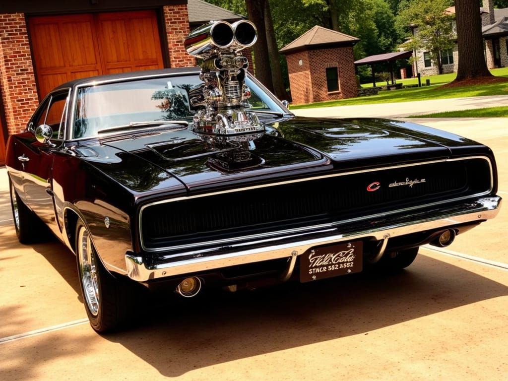 Vintage Black Muscle Car with Chrome Engine in Graphic Style