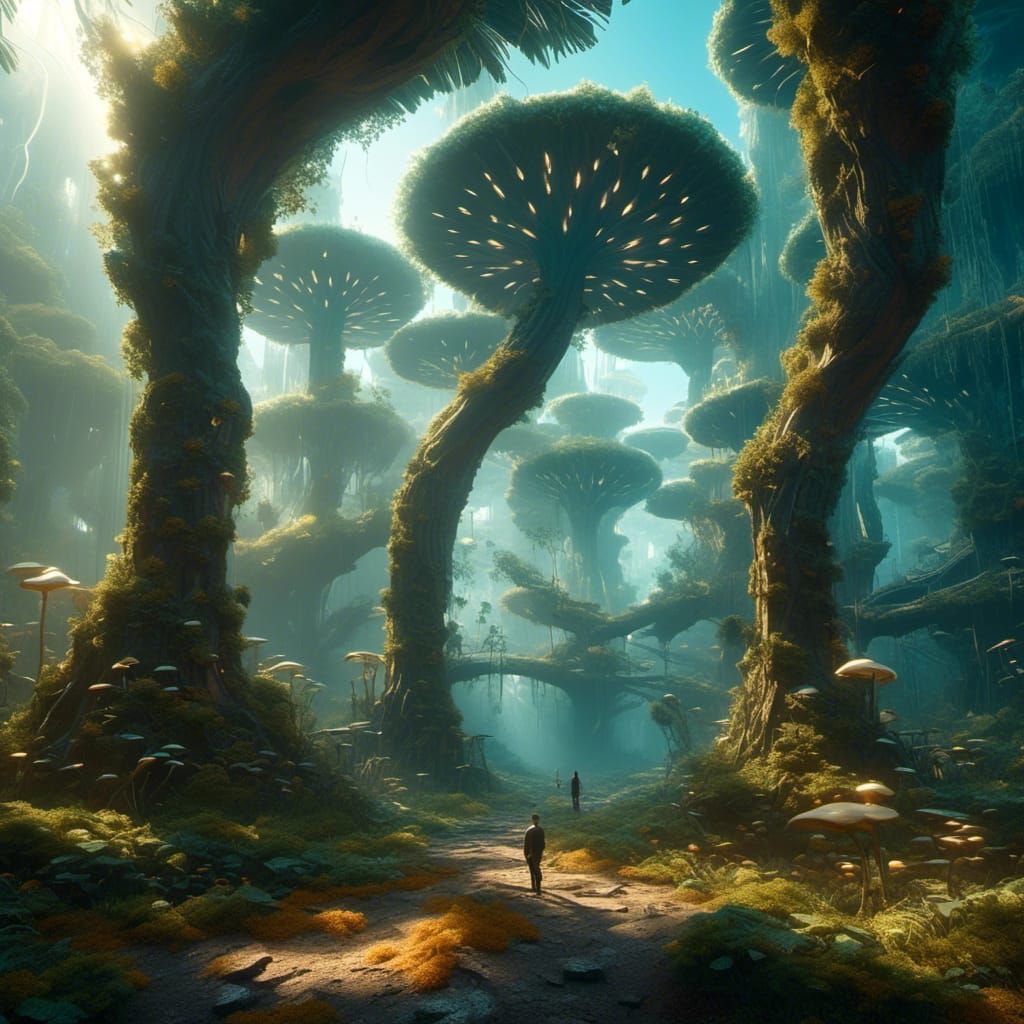 Surreal Mushroom Wonderland with Bioluminescent Flora