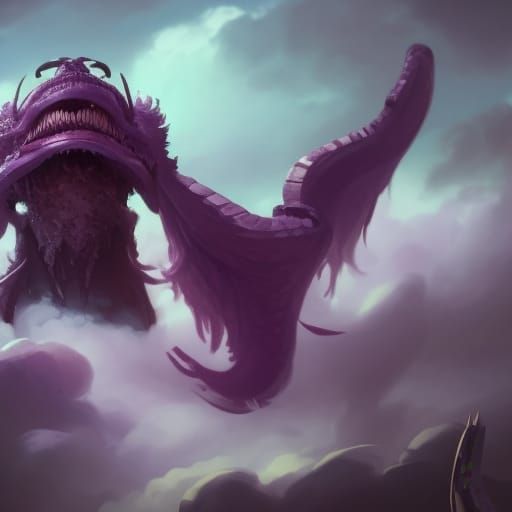 Purple Pirate Monster Descending from Clouds