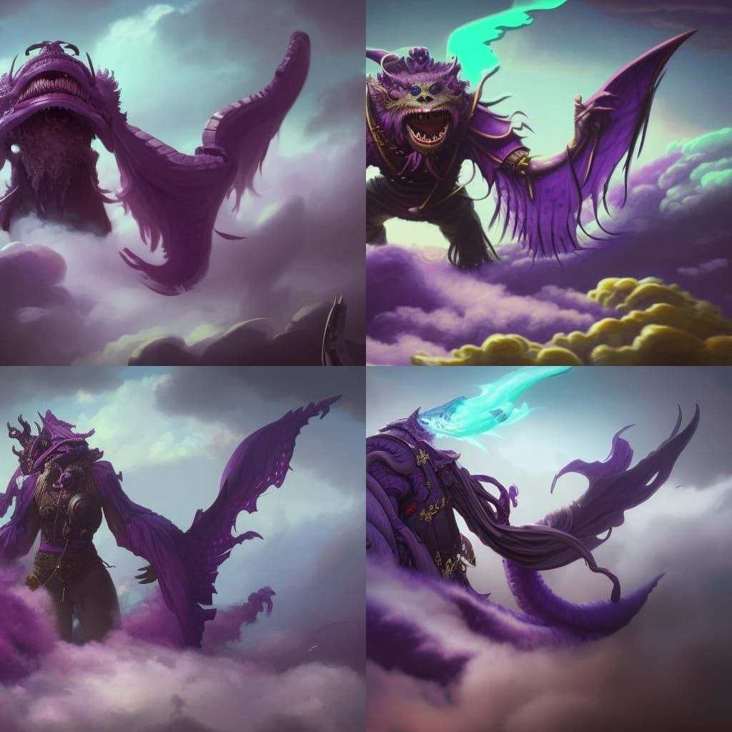 Purple Pirate Monster Descending from the Clouds