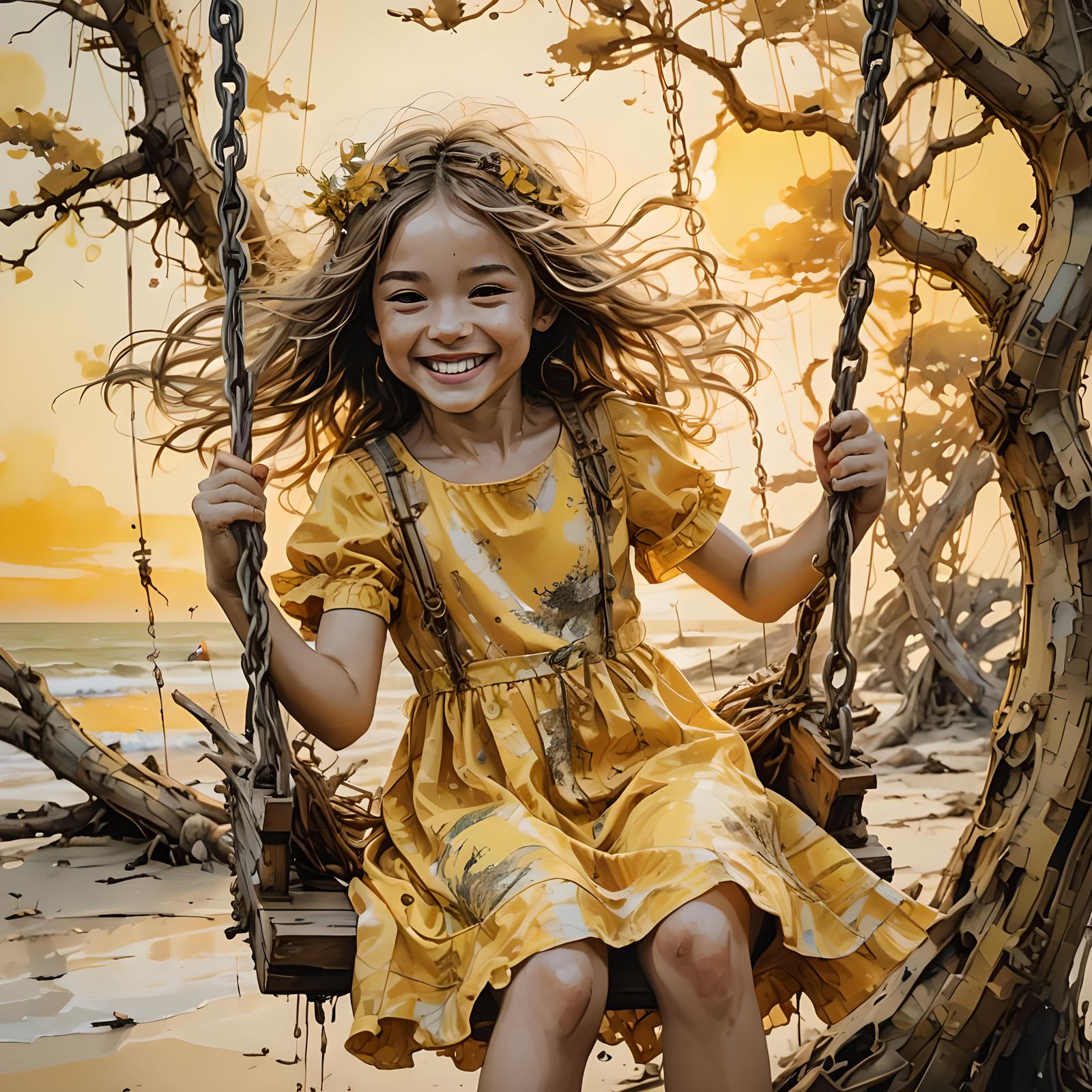 Happy Girl on Beach Swing: Stylized Texture Art