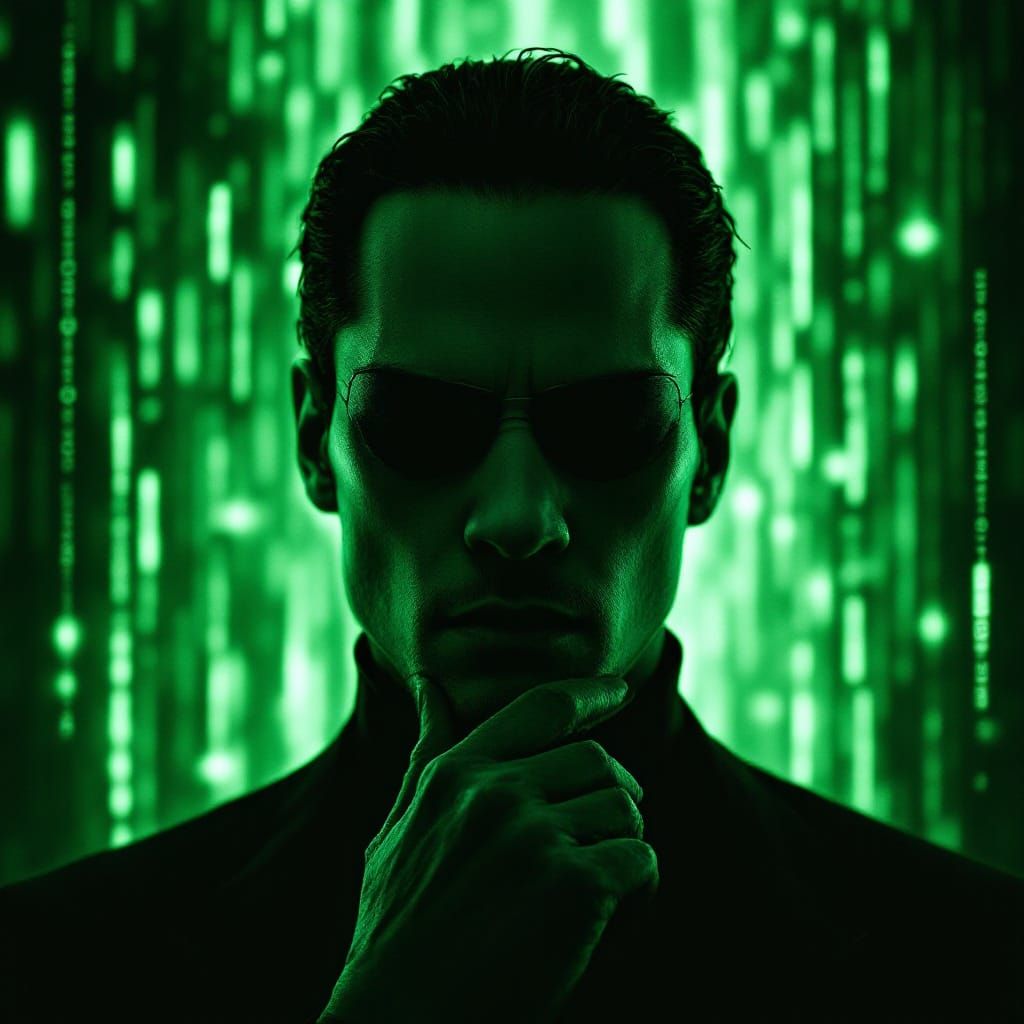 Neo from The Matrix in Digital Green Code Style