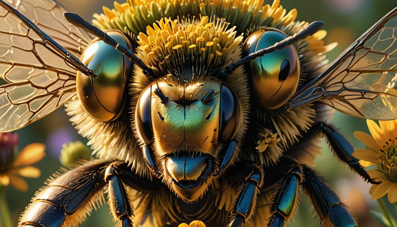 Bee in Flight, Iridescent Beauty in Golden Hour