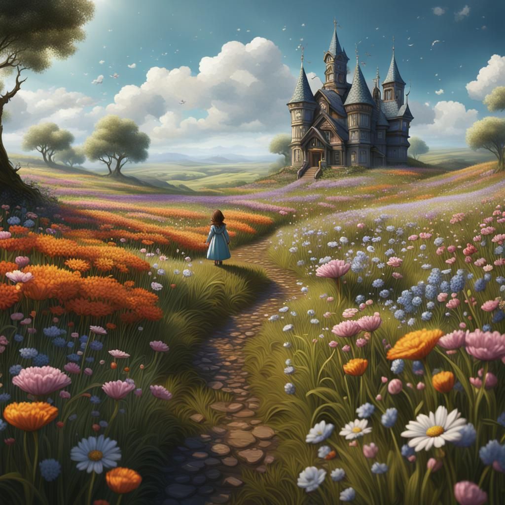 Girl Picking Flowers in Spring Meadow