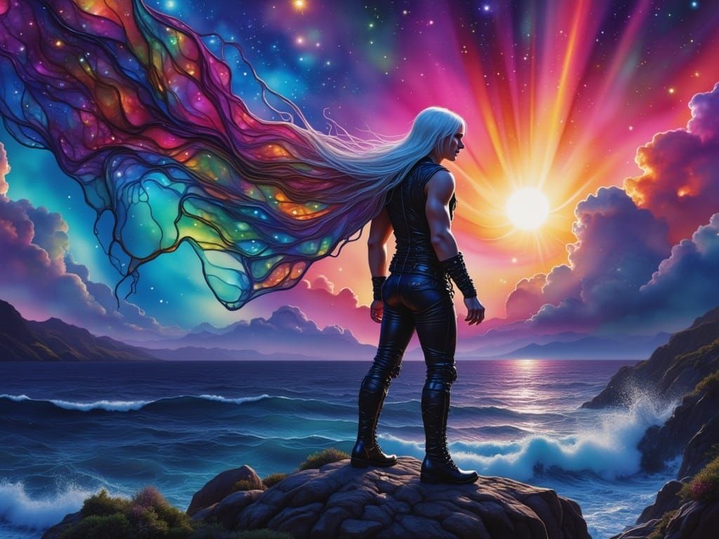 Goth Man on Cliff with Rainbow Flag and Tornado