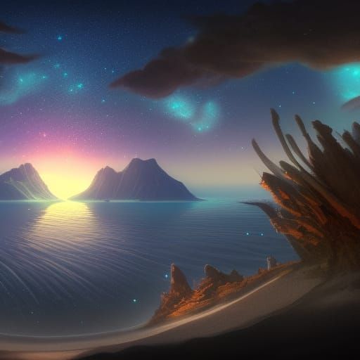 Calm Beach Under a Starry Night Sky