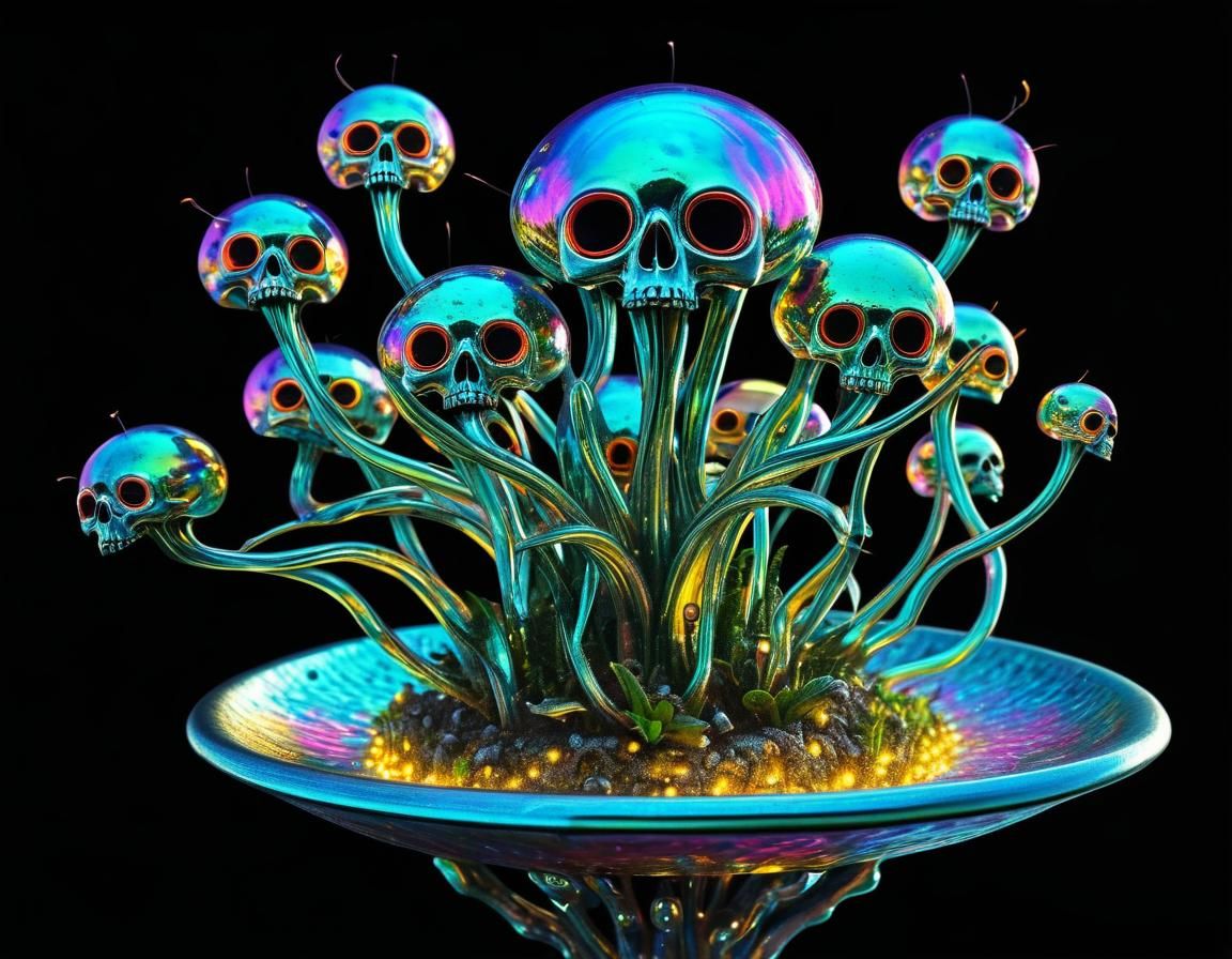 Surreal Alien Plant with Skulls in Psychedelic Colors