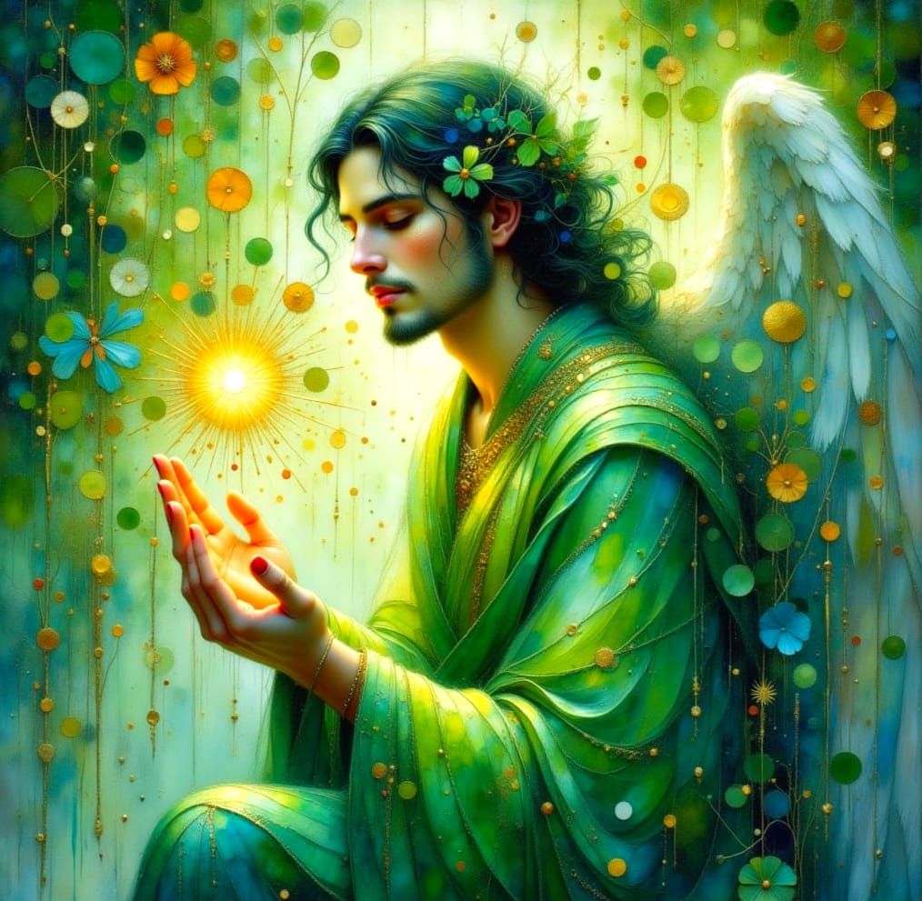 Majestic Green Angel in Ethereal Fantasy Landscape